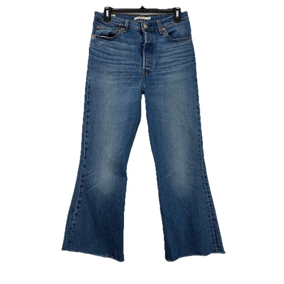 Levis Ribcage Flare Jeans Womens 28x24 Cropped Raw Hem High Rise Button Fly - Picture 1 of 12